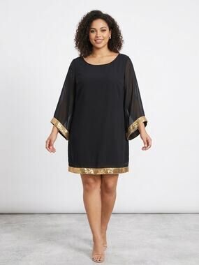 Clocolor Black Shift Dress XL Gold Sequin Chiffon Bell Sleeve Cocktail Party